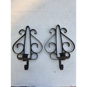 Pair Vintage Black Gothic Metal Wrought Iron Candle Holder Wall Sconces Set Of 2